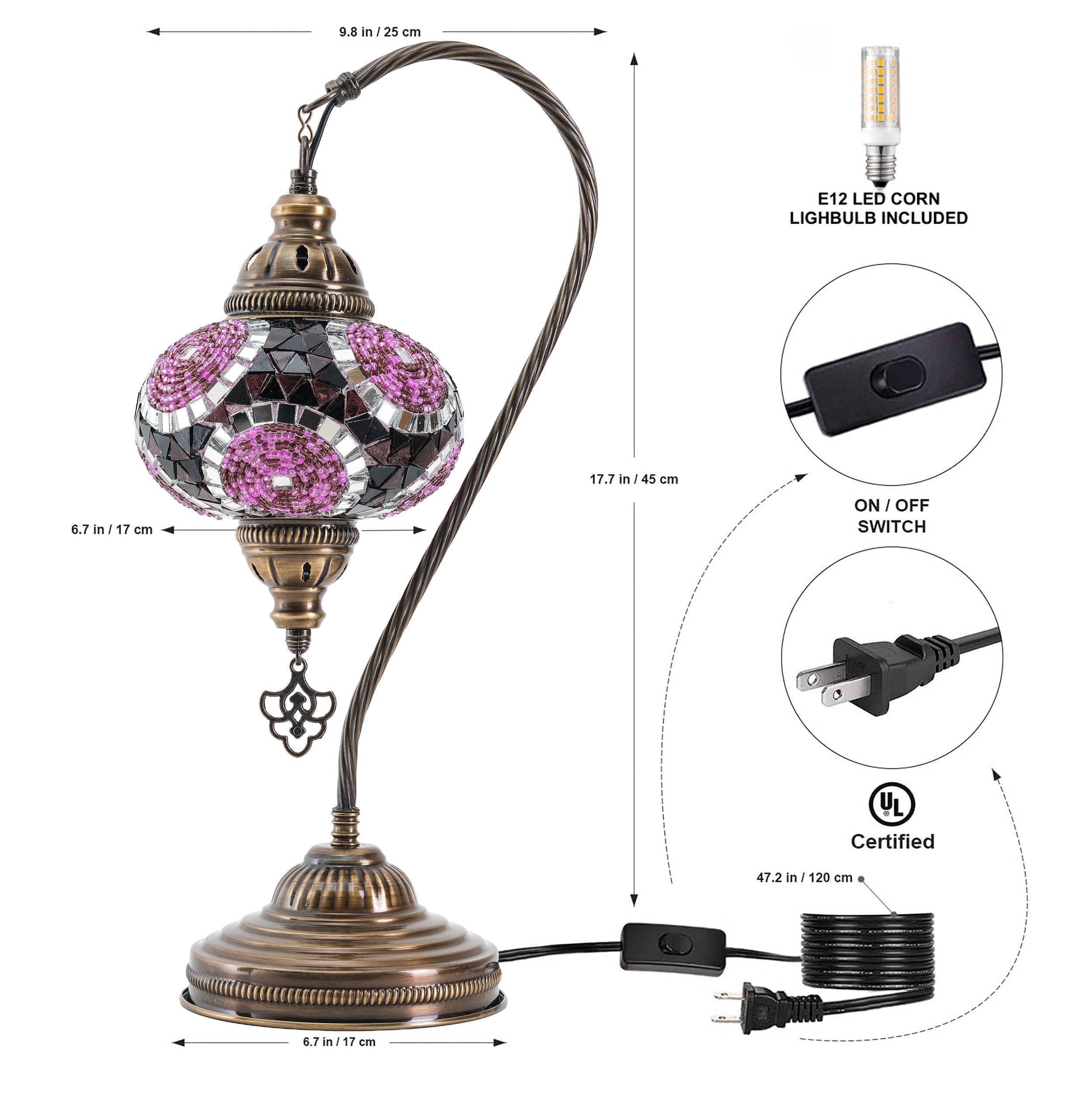 Mozaist Handmade Turkish Mosaic Swan Table Lamp Purple