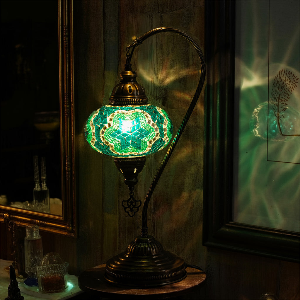 Mozaist Handmade Turkish Mosaic Swan Table Lamp Emerald Green