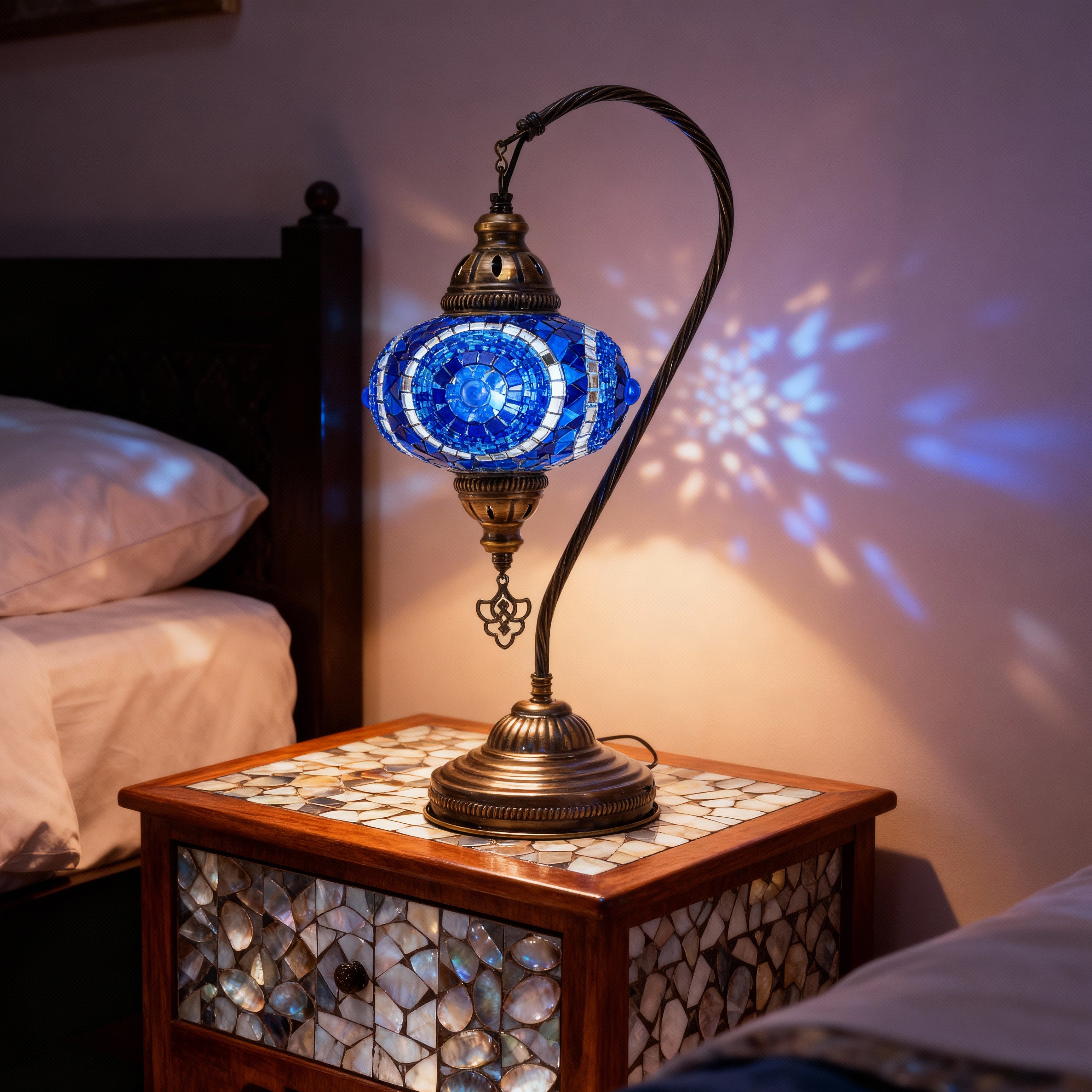 Mozaist Handmade Turkish Mosaic Swan Table Lamp Blue