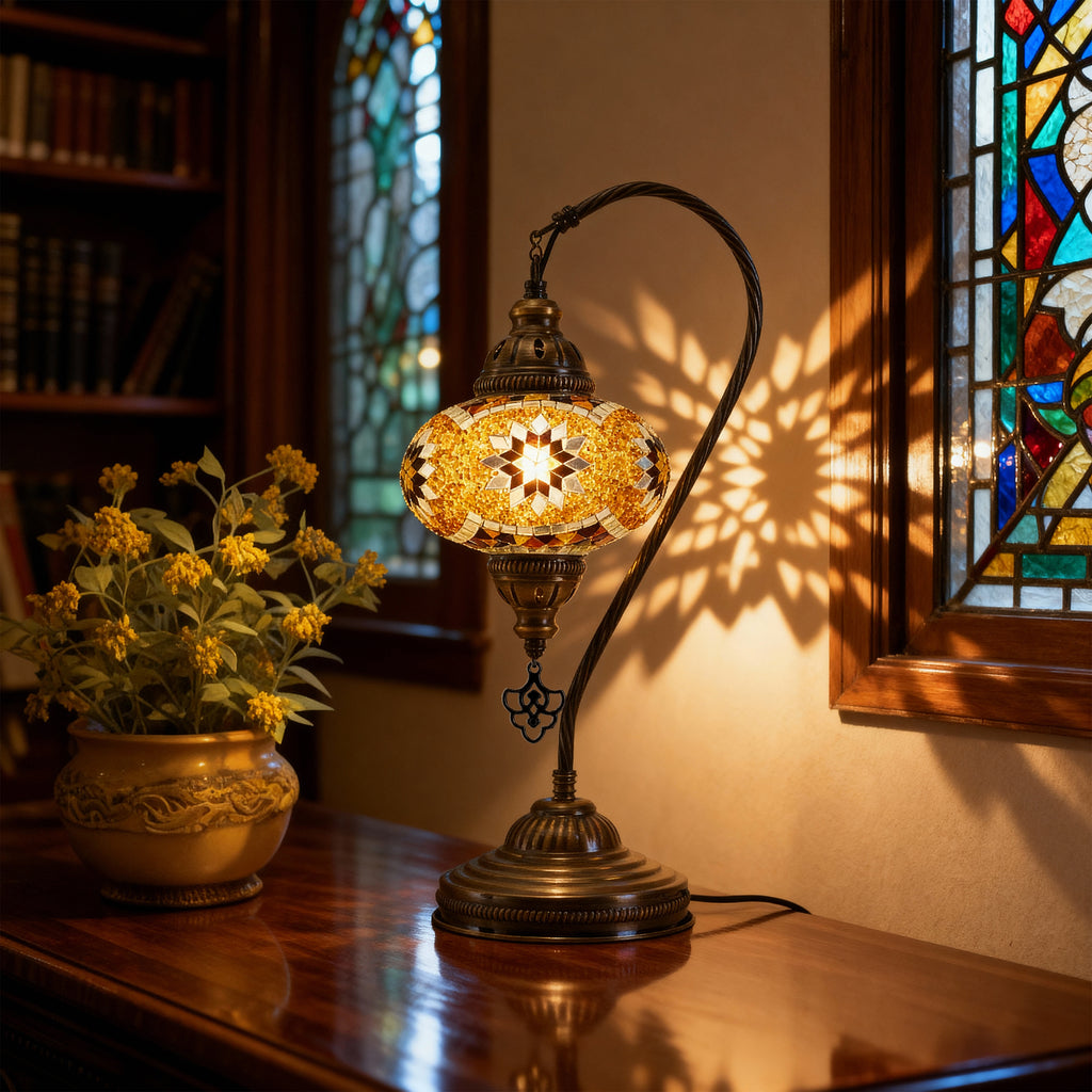 Mozaist Handmade Turkish Mosaic Swan Table Lamp Brown