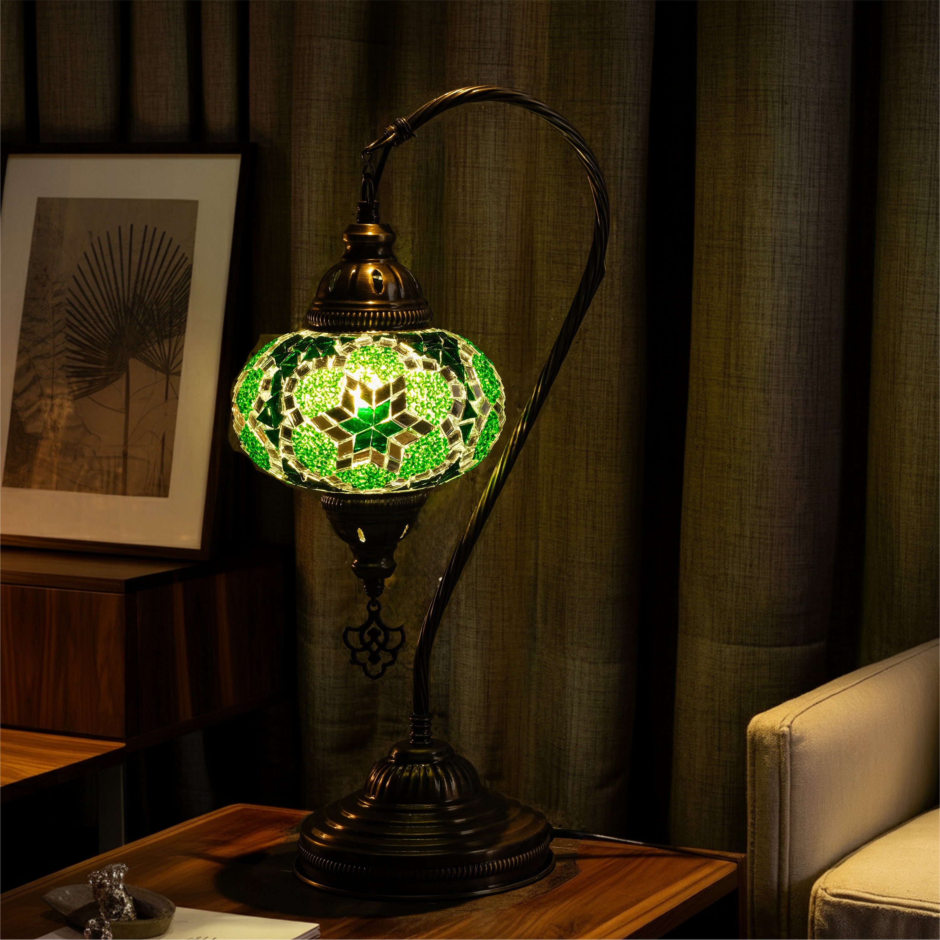 Mozaist Handmade Turkish Mosaic Swan Table Lamp Green
