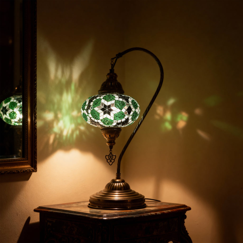 Mozaist Handmade Turkish Mosaic Swan Table Lamp Green