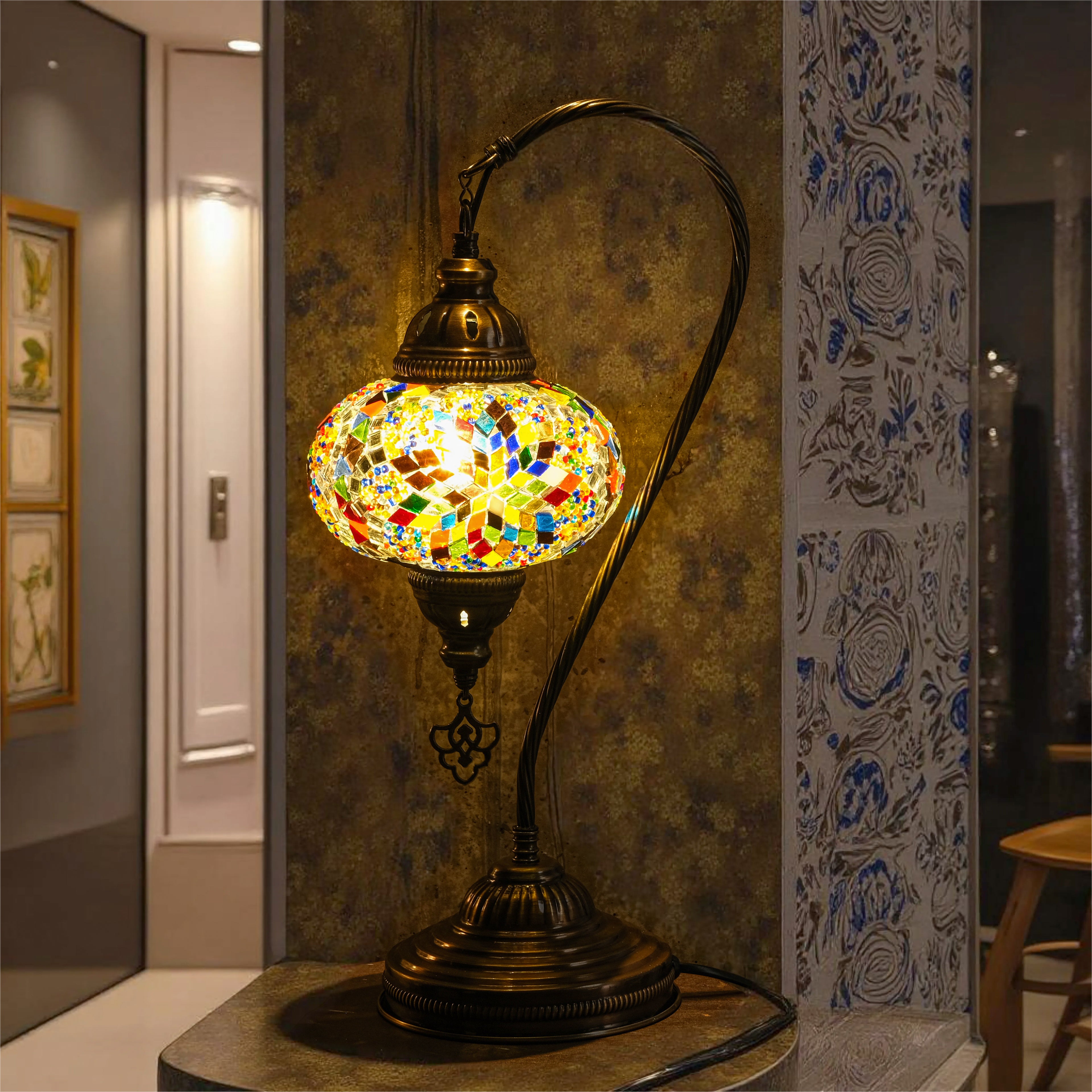 Mozaist Handmade Turkish Mosaic Swan Table Lamp Multicolor