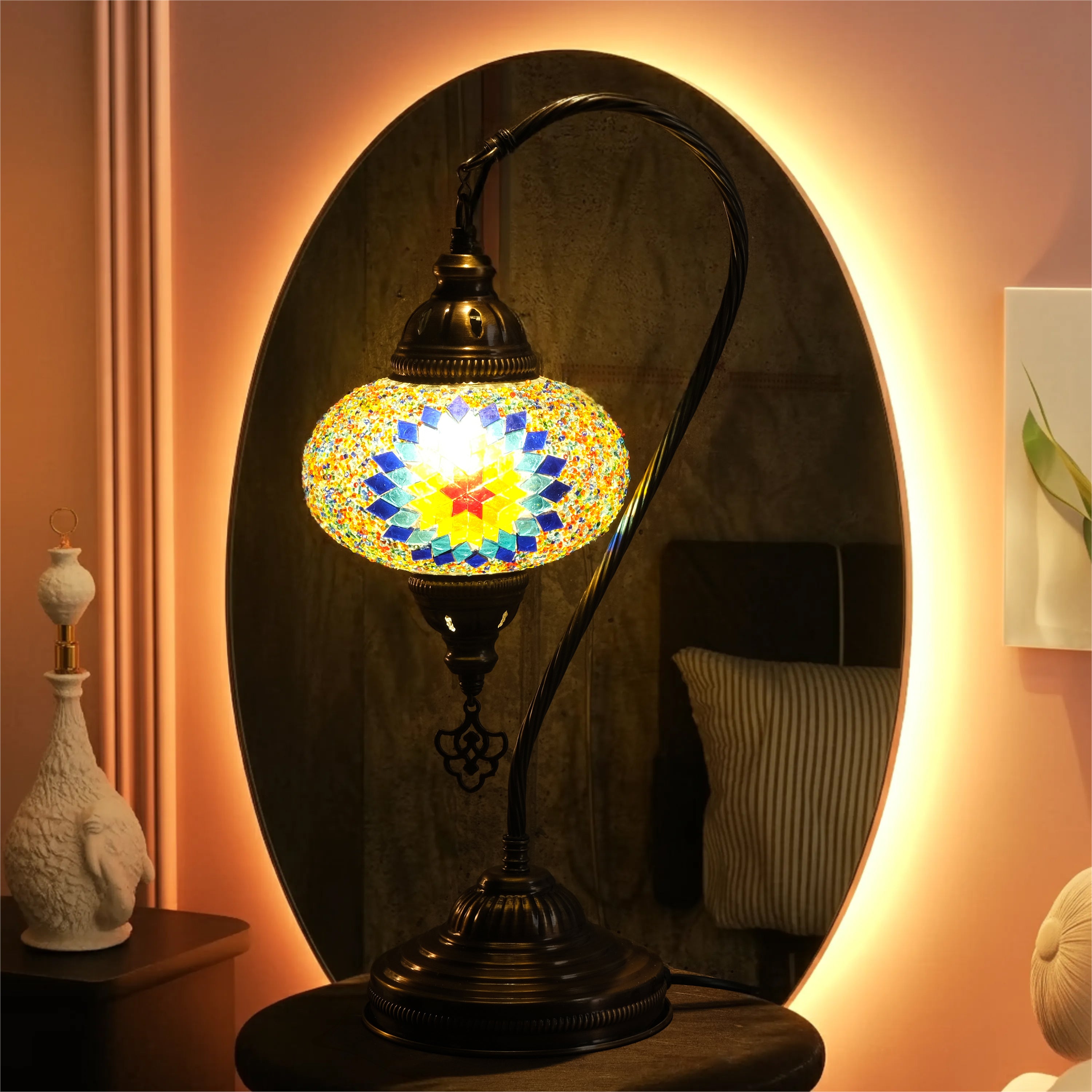 Mozaist Handmade Turkish Mosaic Swan Table Lamp Rainbow
