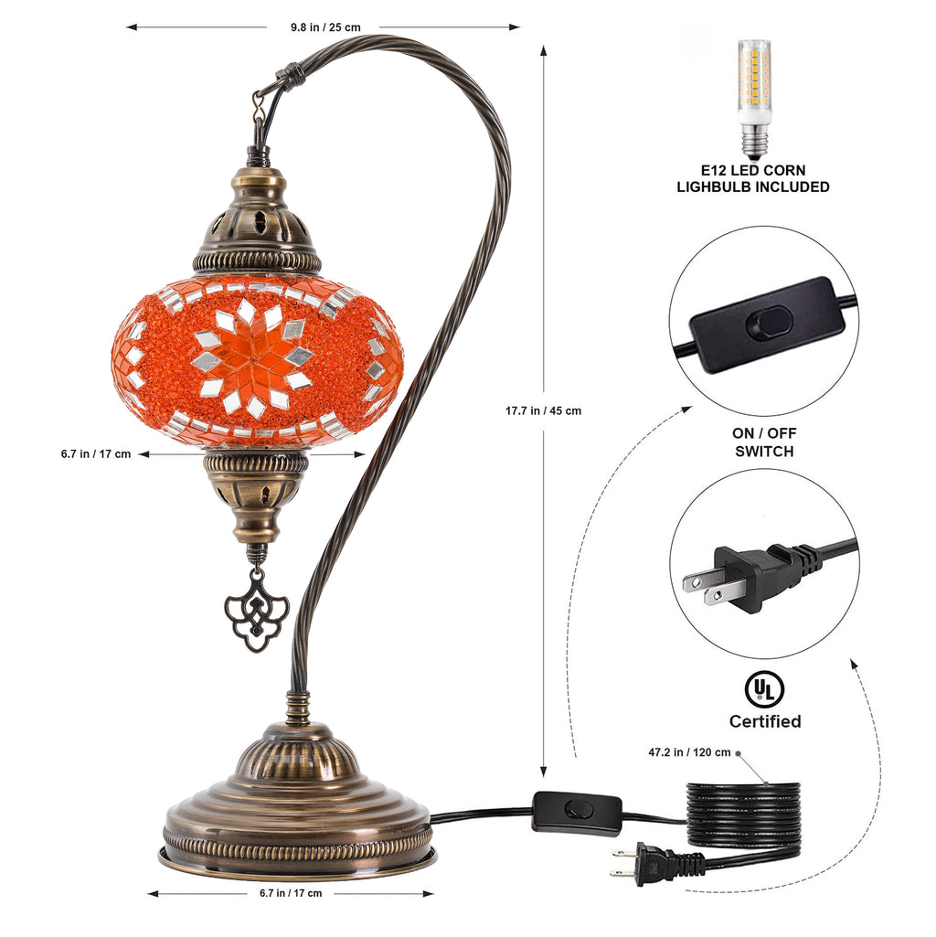 Mozaist Handmade Turkish Mosaic Swan Table Lamp Orange