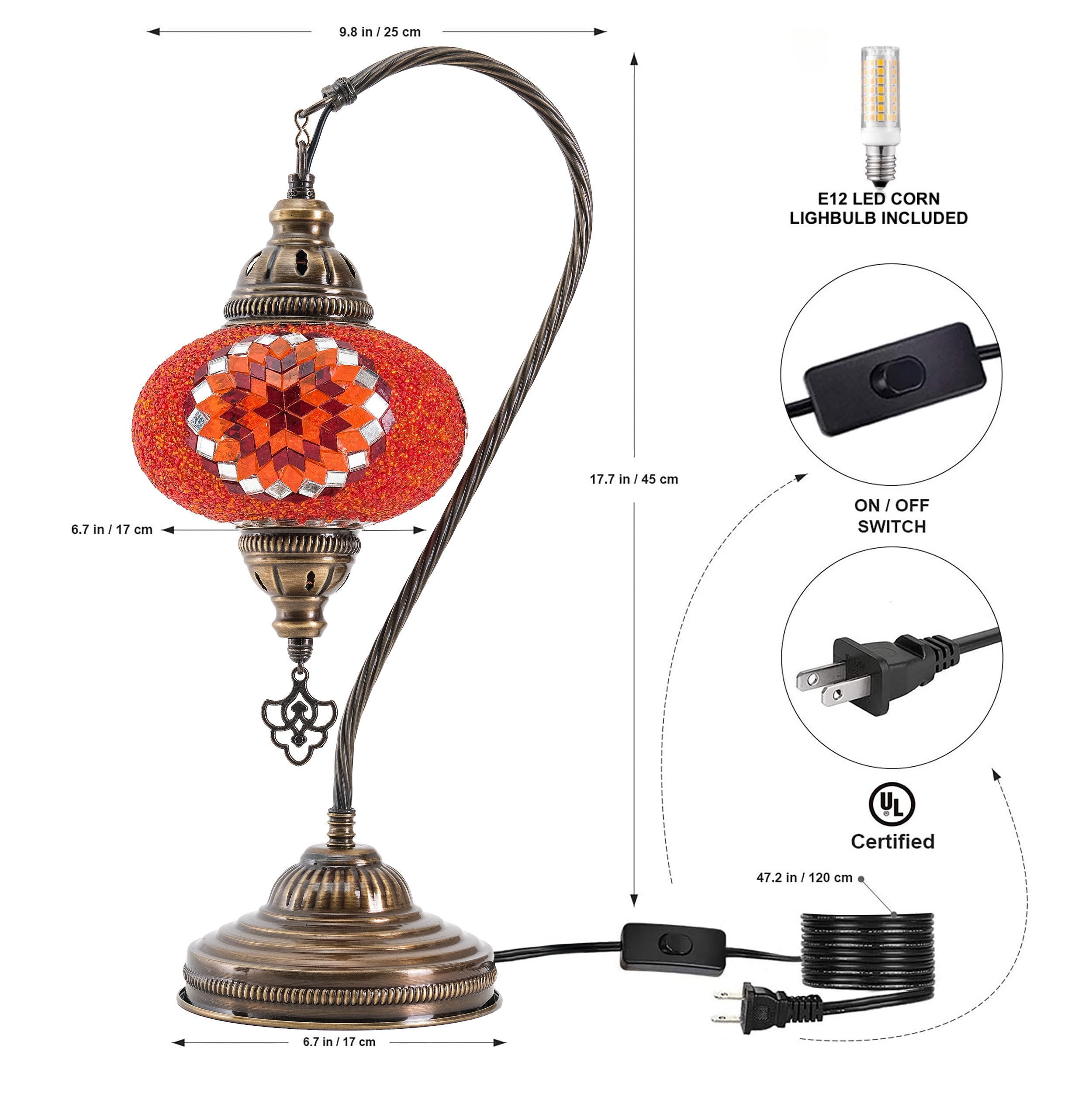 Mozaist Handmade Turkish Mosaic Swan Table Lamp Orange